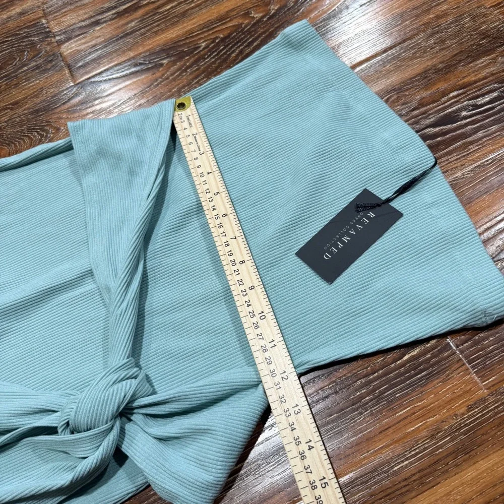 NWT Revamped Women's Light Blue Ribbed Strapless Midi Tube Dress Tie Waist Sz L - Picture 3 of 9